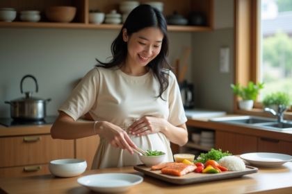 Femme enceinte japonaise préparant un repas traditionnel