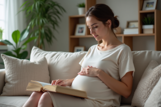 Femme enceinte lisant un livre dans un salon chaleureux