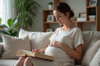 Femme enceinte lisant un livre dans un salon chaleureux