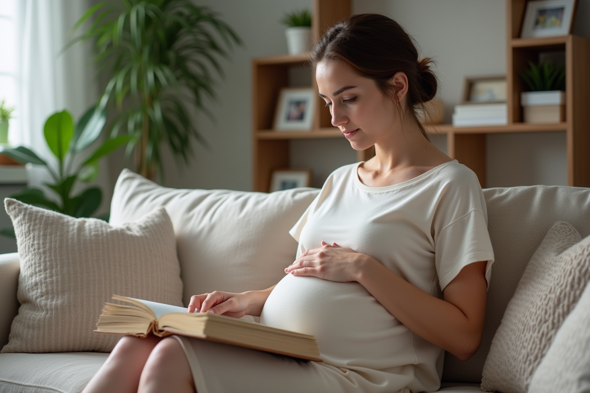 Femme enceinte lisant un livre dans un salon chaleureux
