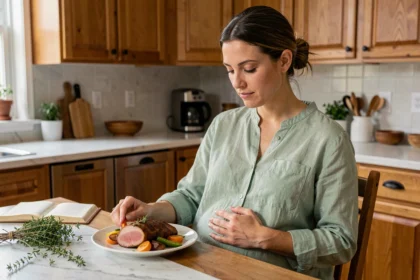 Femme enceinte assise à une table en bois examinant une assiette de magret de canard avec légumes rôtis, main posée sur le ventre