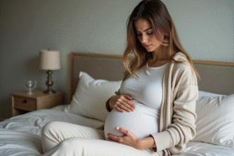 Femme enceinte assise sur le lit dans une chambre douce et apaisante