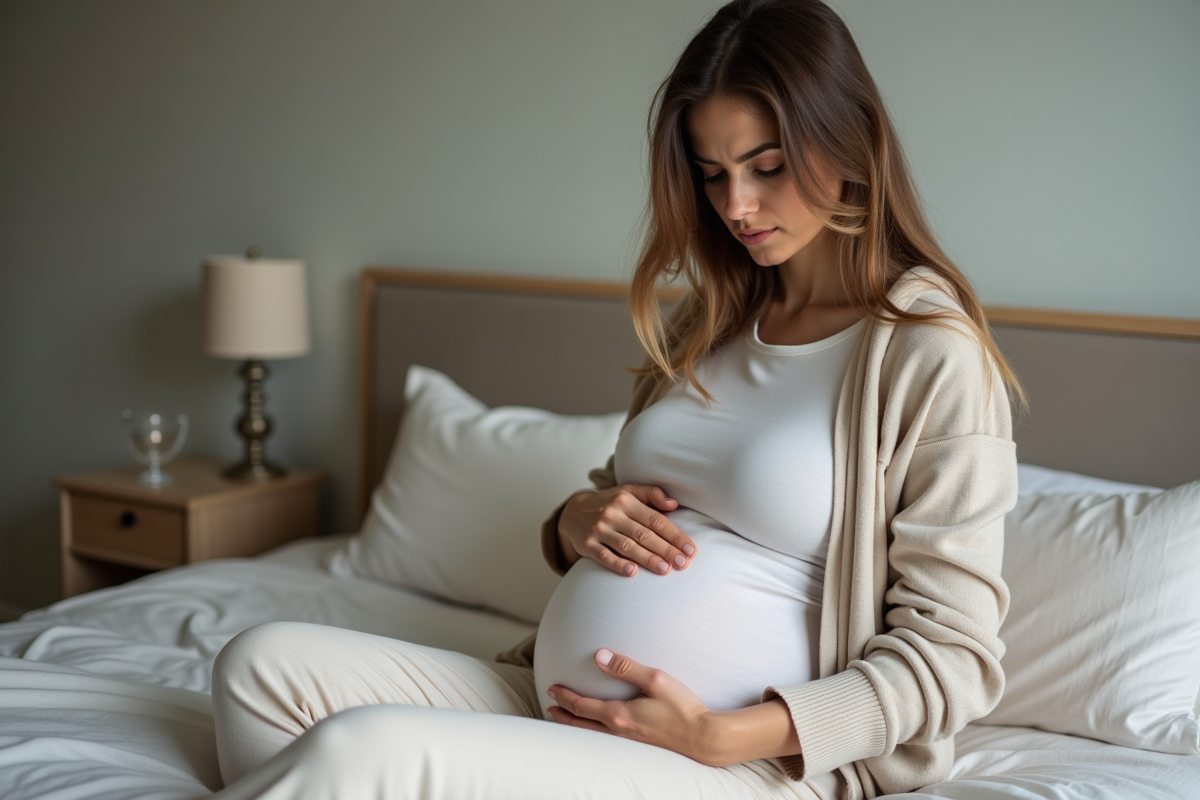 Femme enceinte assise sur le lit dans une chambre douce et apaisante