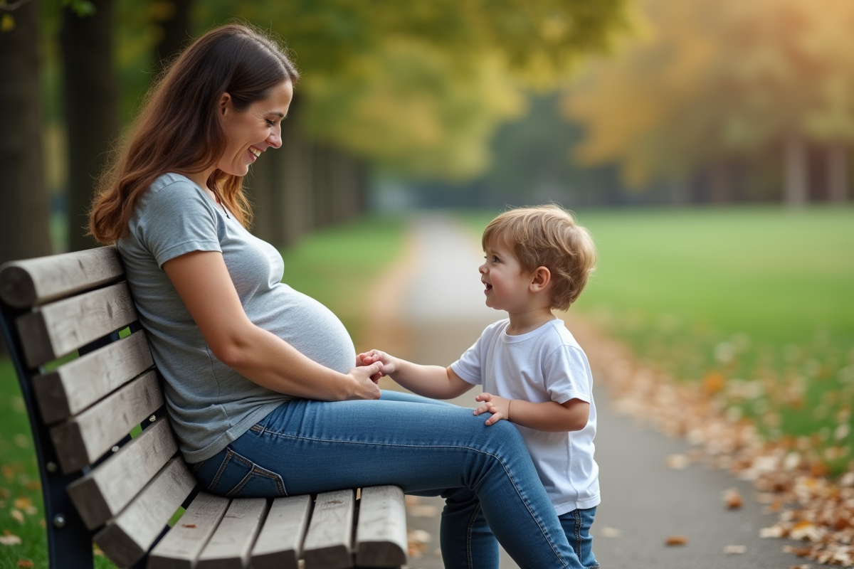 Femme enceinte assise sur un banc avec son fils dans un parc