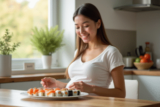 Femme enceinte souriante regardant des sushis sains à la cuisine
