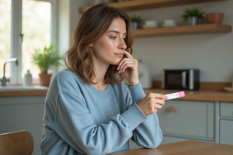 Femme enceinte tenant un test de grossesse dans une cuisine lumineuse