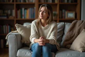 Femme méditative assise sur un canapé de salon