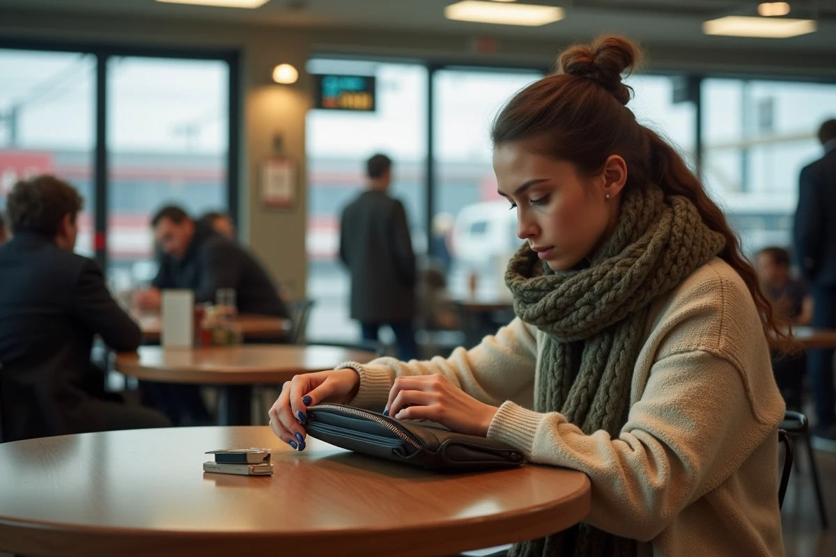 Jeune femme dans un café de gare regardant son sac