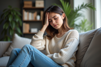 Jeune femme assise sur un canapé en train de se toucher le front