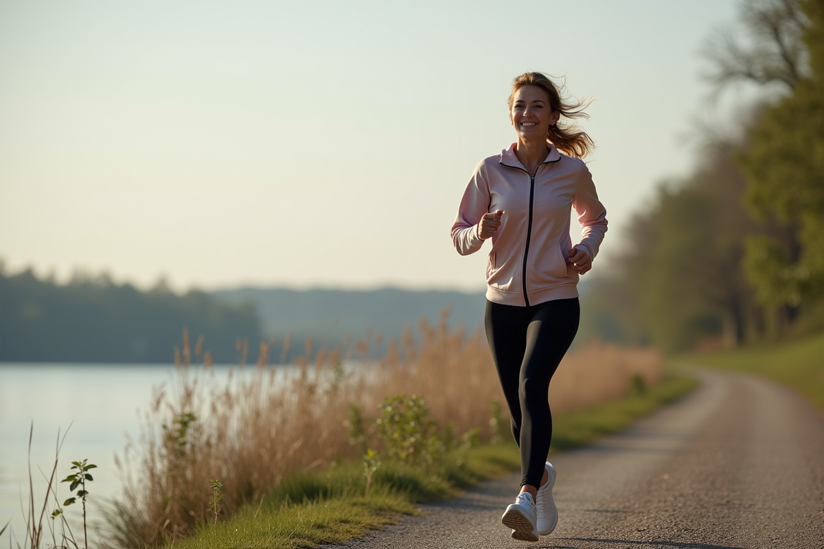 Femme en jogging au bord du lac en matinée