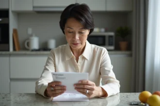 Femme lisant une notice de medicament dans la cuisine