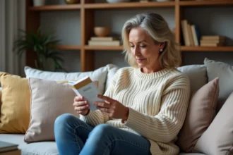 Femme lisant une boîte de compléments herbes dans son salon