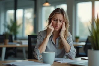 Femme tenant sa mâchoire douloureuse au bureau le matin, illustrant le blocage de la mâchoire lié au stress professionnel