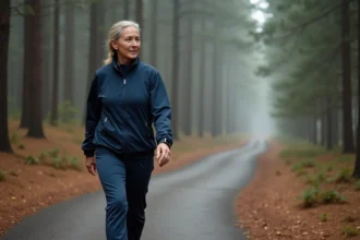 Femme en tenue de sport marche dans la forêt matinale