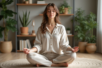 Femme méditant dans un intérieur calme et végétal