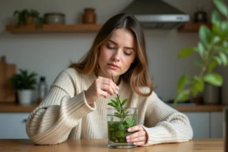 Femme dans la cuisine mélangeant des feuilles de menthe fraîche