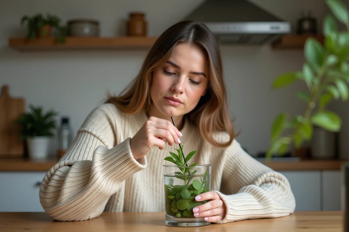 Femme dans la cuisine mélangeant des feuilles de menthe fraîche