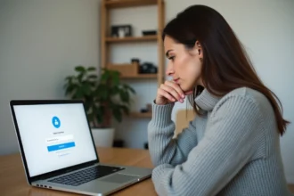 Femme assise devant un ordinateur portable consultant une page de connexion avec un lien mot de passe oublié