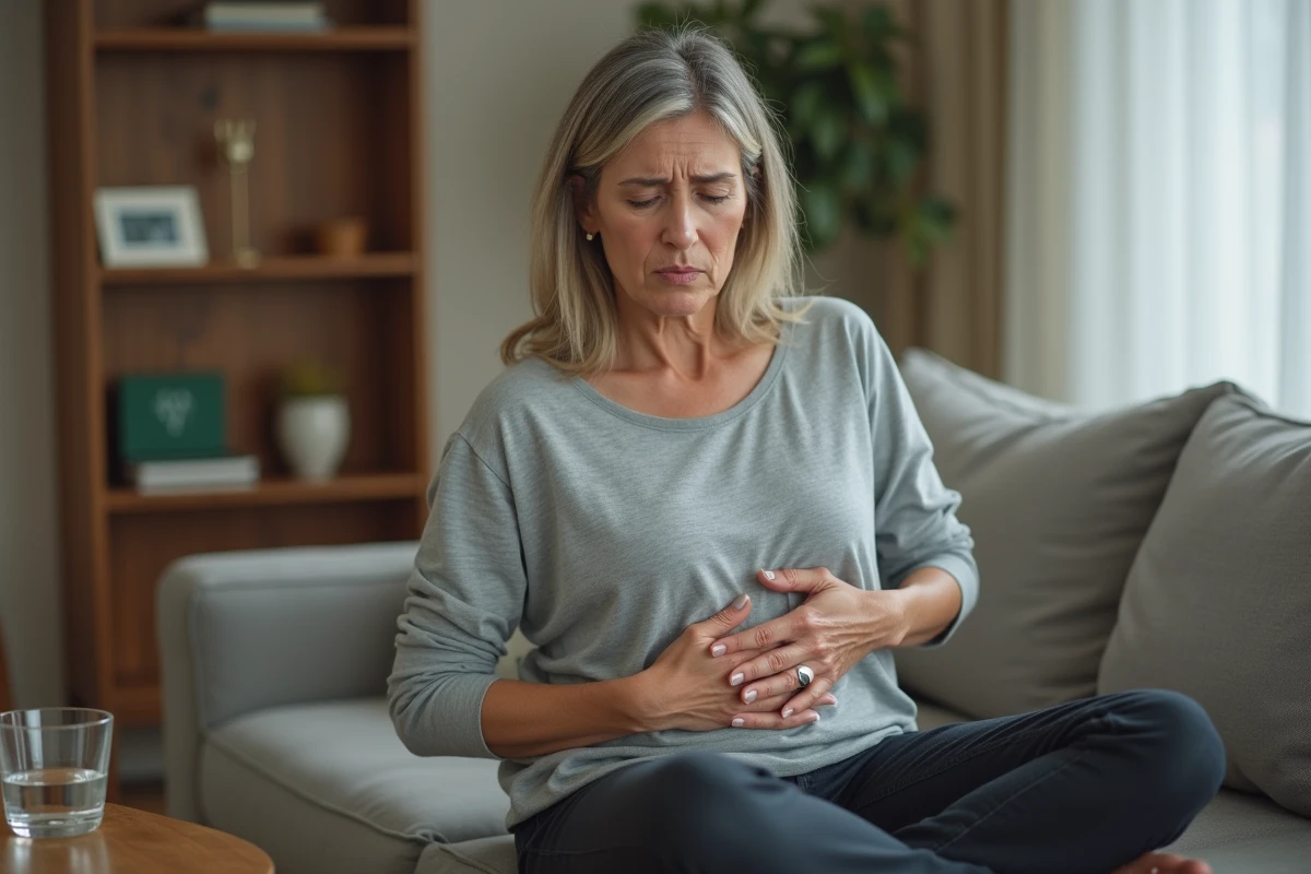 Femme adulte avec douleurs abdominales et nausées assise sur un canapé, tenant son ventre