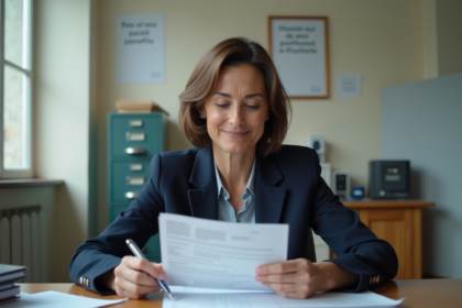 Femme française en blazer professionnel lisant un document