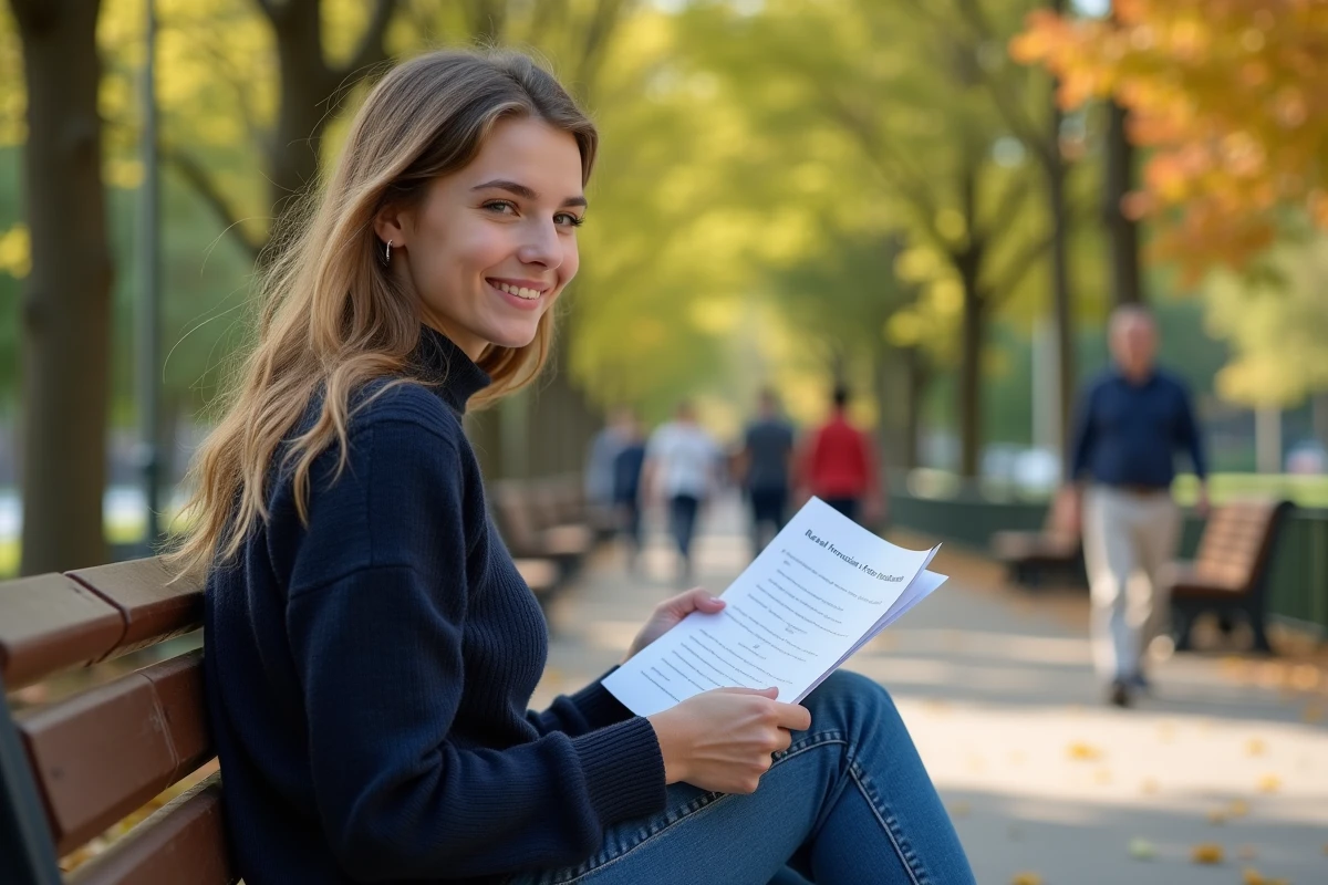 Jeune femme assise dans un parc avec brochure renal