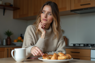 Femme assise à la cuisine avec des pâtisseries