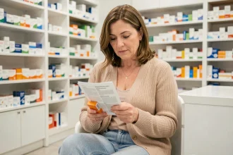 Femme lisant une notice de médicament à base de cortisone dans une pharmacie moderne