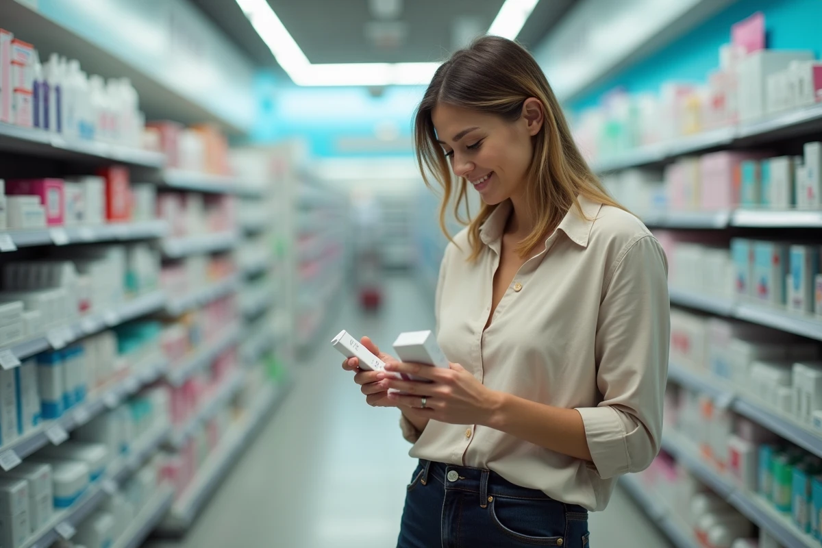 Femme en pharmacie comparant des produits de soin intime dans le rayon hygiène féminine