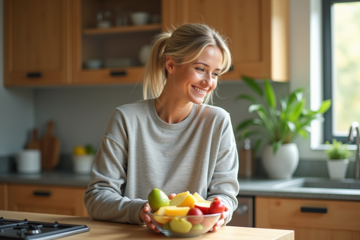 Femme souriante préparant un bol de fruits frais dans la cuisine