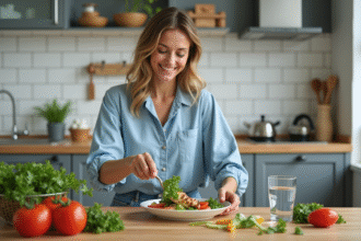 Femme en cuisine préparant une salade fraîche et colorée