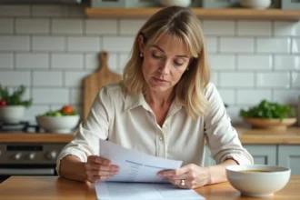 Femme consultant son programme Comme J'aime et la grille tarifaire à la table de sa cuisine
