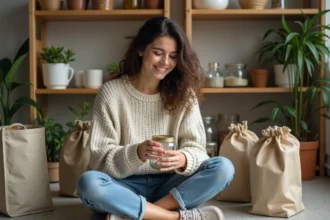 Jeune femme organisant une jarre recyclée dans un intérieur cosy