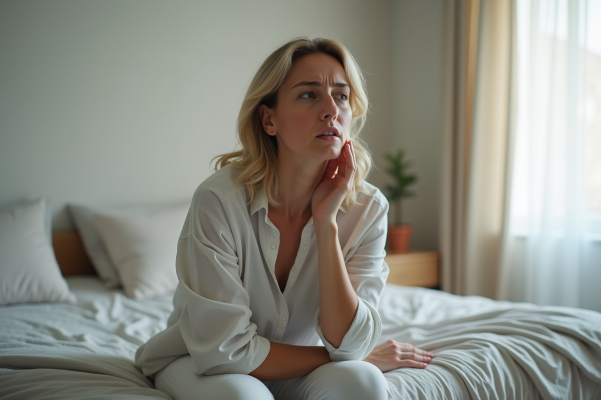 Femme en réflexion dans une chambre lumineuse