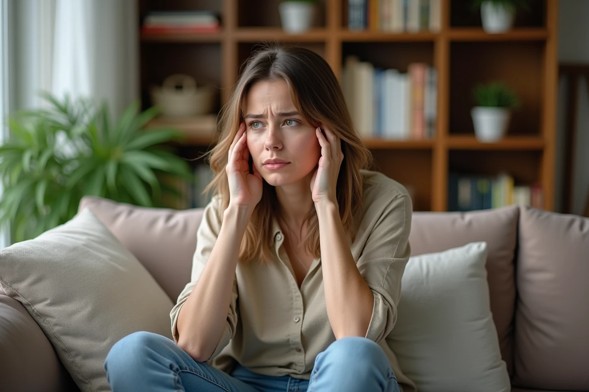 Femme assise sur un canapé dans un salon cosy en pleine réflexion