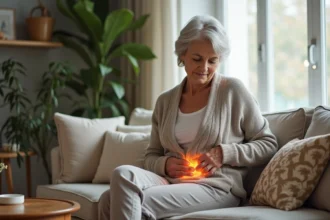 Femme de 50 ans appliquant un compress chaud sur le dos