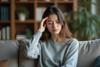 Femme contemplative dans un salon cosy avec livres