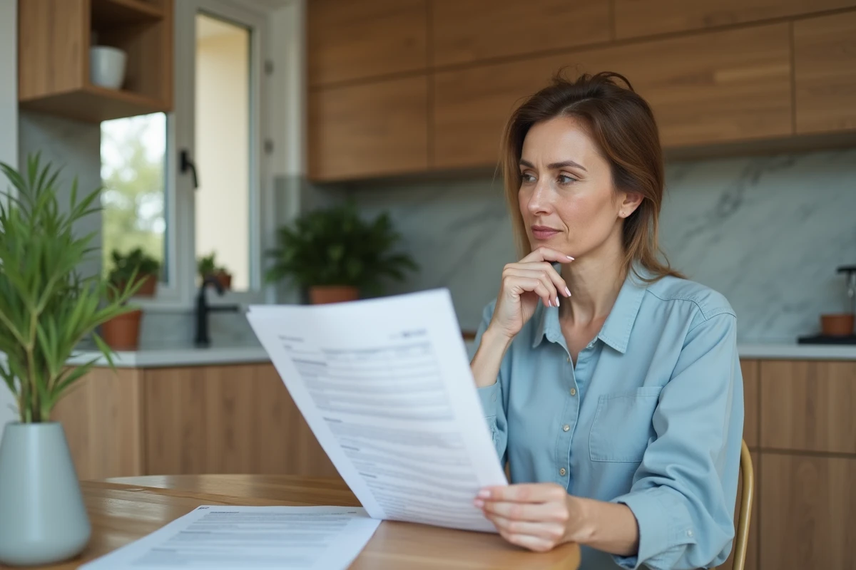 Femme lisant un rapport médical dans une cuisine chaleureuse