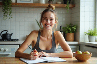 Femme souriante avec pomme et journal dans cuisine lumineuse