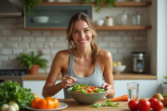 Femme souriante préparant une salade colorée dans la cuisine