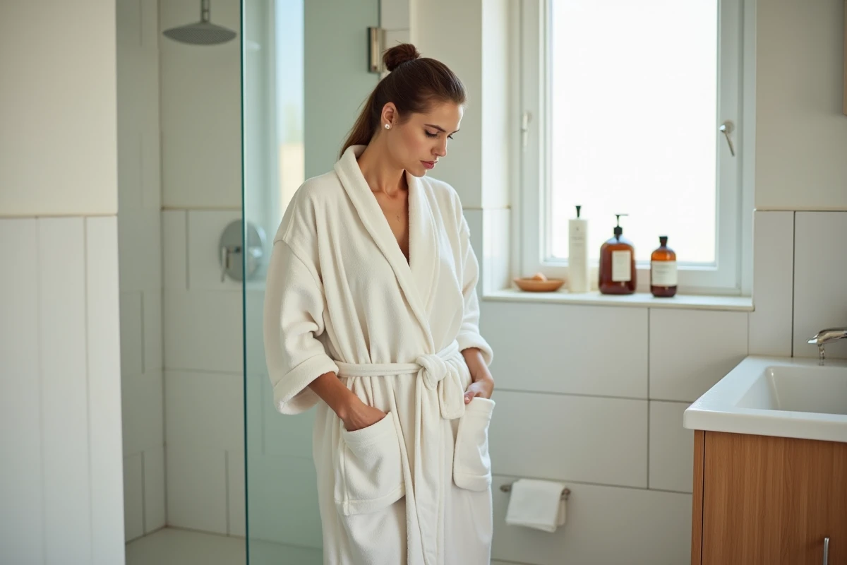 Femme adulte dans une salle de bain propre observant un symptôme digestif inhabituel avec une expression interrogative