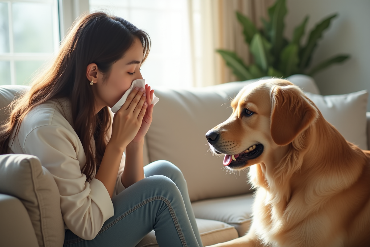 Jeune femme sur un canapé avec un chien golden retriever