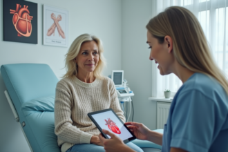 Femme d'âge moyen en consultation avec un médecin et un diagramme du cœur