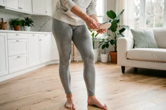 Femme examinant des semelles minceur Akusoli dans un intérieur moderne et lumineux