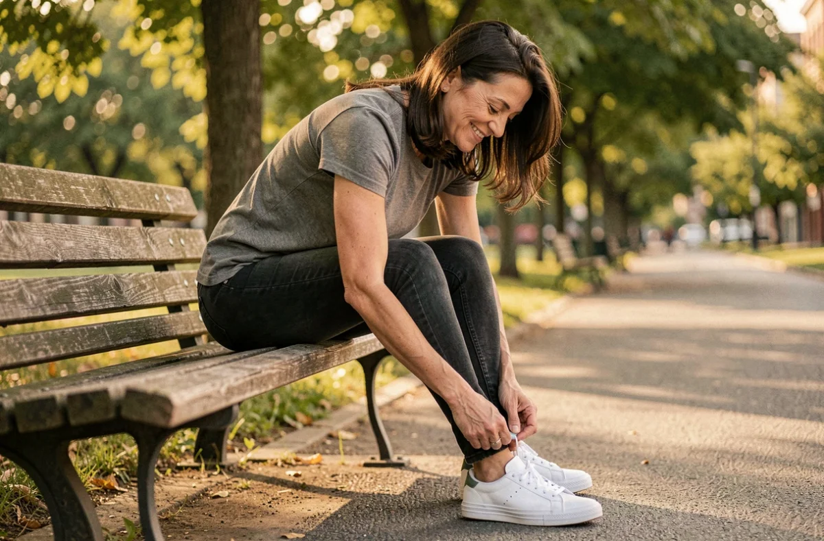 Femme remettant ses baskets avec semelles Akusoli sur un banc de parc en milieu urbain