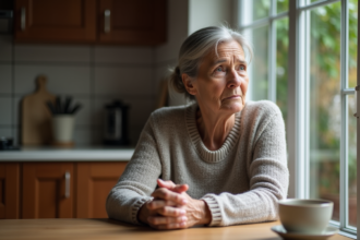 Femme âgée pensant près d'une fenêtre dans sa maison