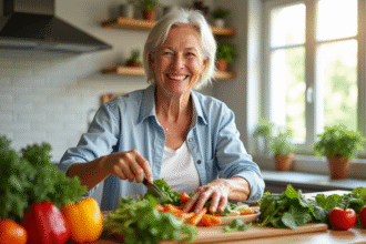 Femme senior souriante préparant une salade colorée dans une cuisine lumineuse