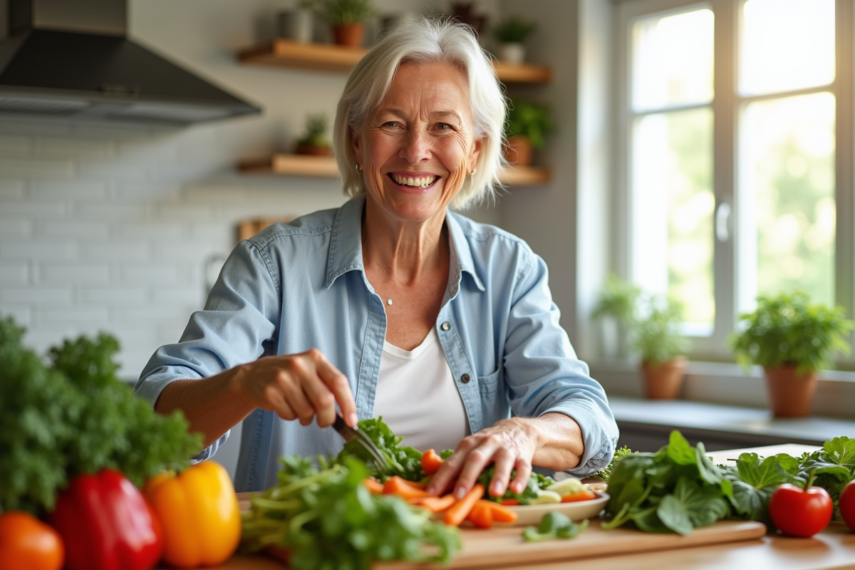 Femme senior souriante préparant une salade colorée dans une cuisine lumineuse