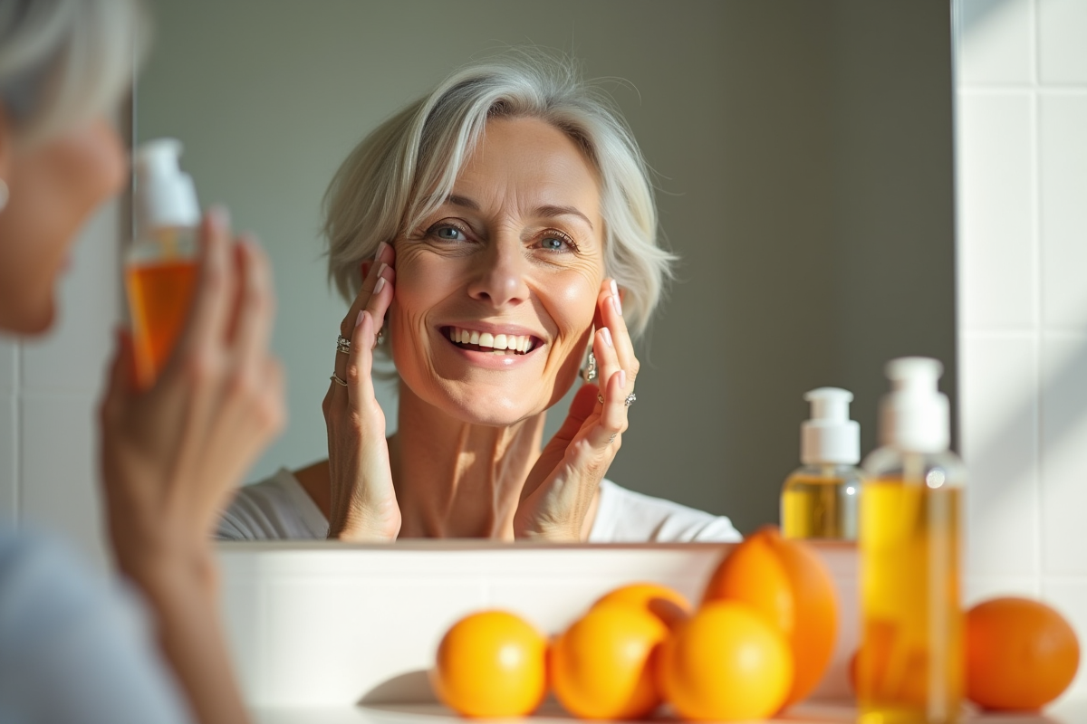 Femme senior appliquant un serum visage devant miroir