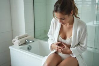 Jeune femme examine sa peau au-dessus du bassin