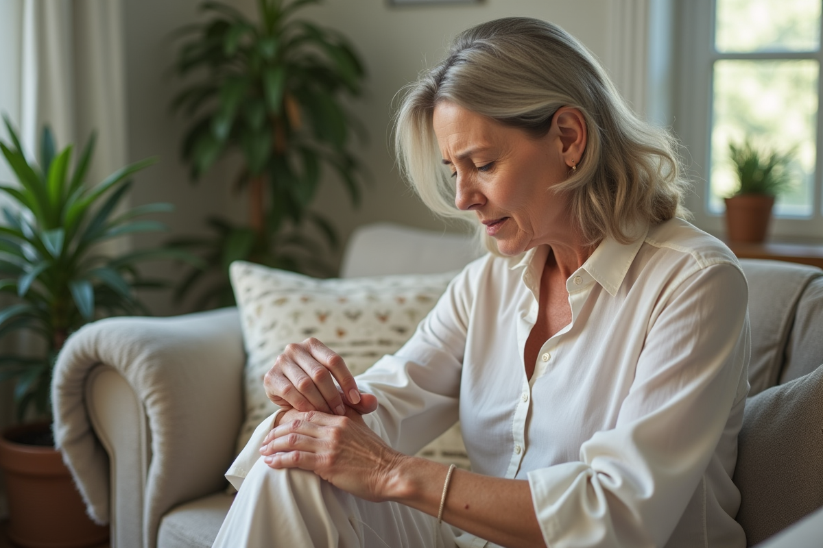 Femme examinant sa peau du bras dans un intérieur cosy